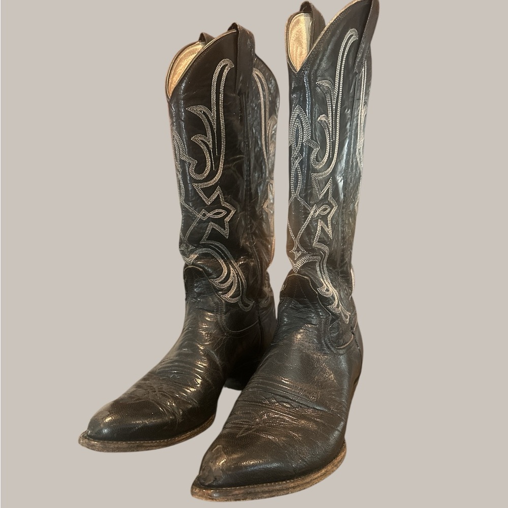 Larry Mahan Vintage Embroidered Black Heeled Cowboy Boots